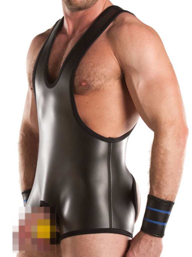 665 Inc. Neopren-Wrestling-Singlet mit offenem Schritt, Bodysuit, Schwarz, 78, Größe S