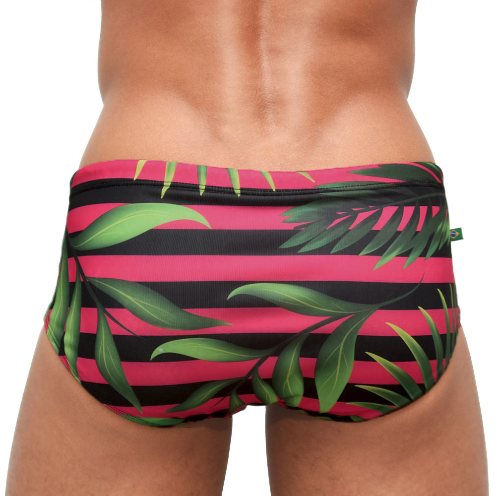 Grumari Pink Sunga - Black Stripes & Leaves - Men's Designer Swimwear - CLEARANCE / FINAL SALES