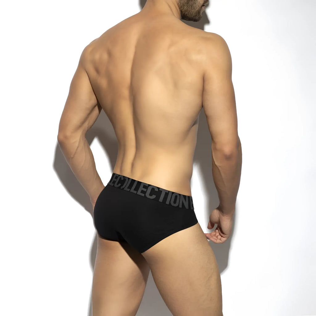 Black briefs with gray collection logo on waistband from 7 days 7 colors brief for everyday comfort