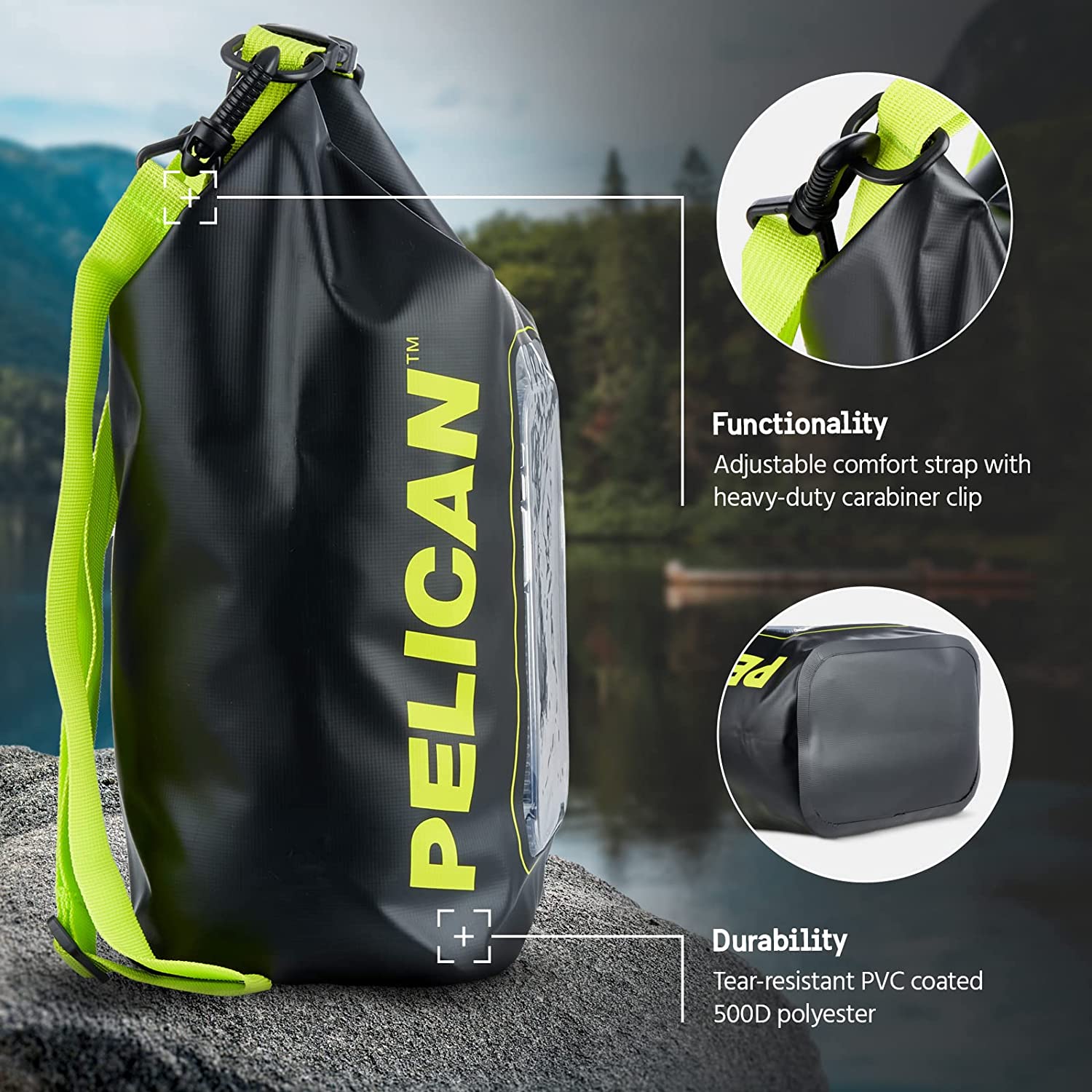 Bolsa seca resistente al agua Pelican Marine (negra/amarilla de alta visibilidad)