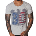 Light grey, scoop-neck t-shirt featuring a distressed eagle graphic with a US flag-themed "80" print.