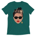 Teal heathered cotton t-shirt with 80s glamour graphic of woman wearing black sunglasses red lips and black bow