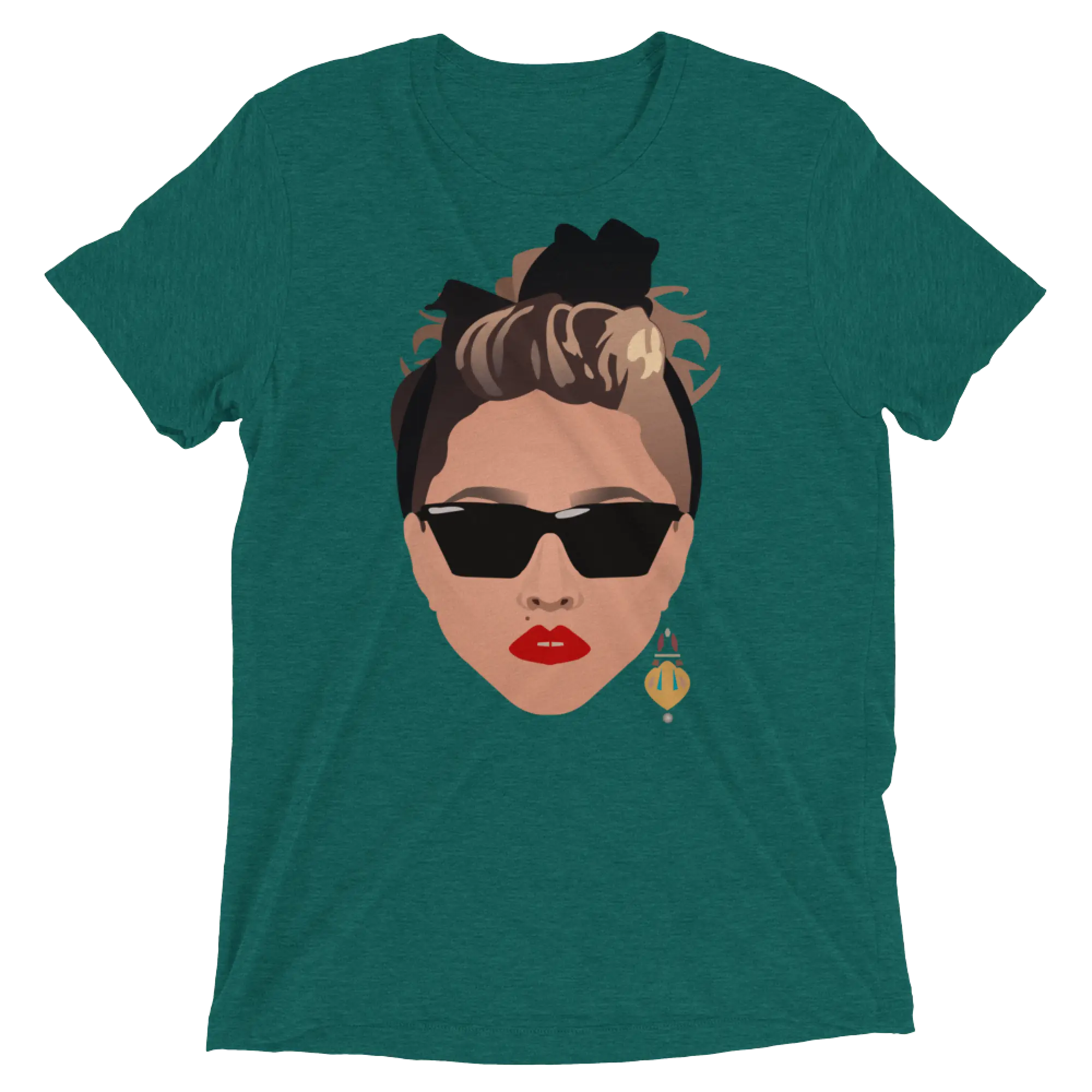 Teal heathered cotton t-shirt with 80s glamour graphic of woman wearing black sunglasses red lips and black bow