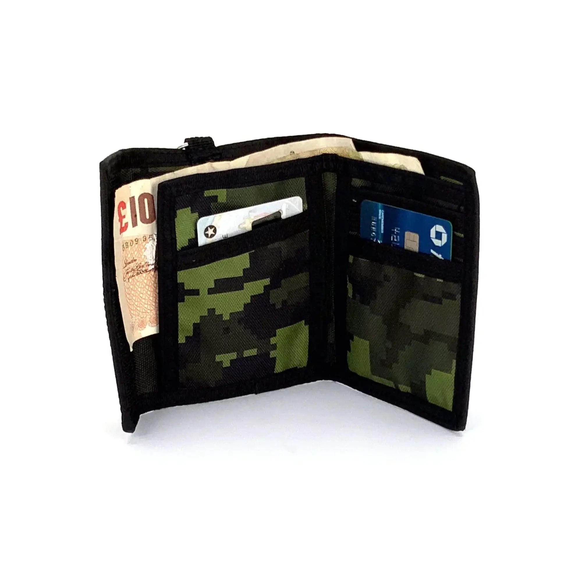Black camouflage tri-fold 80s velcro wallet with green and brown pixelated design multiple card slots and cash compartment