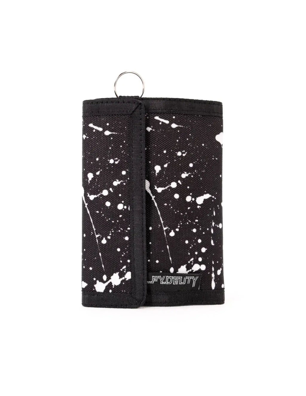 Black tri-fold 80s velcro wallet with white paint splatter pattern and silver metal ring at the top