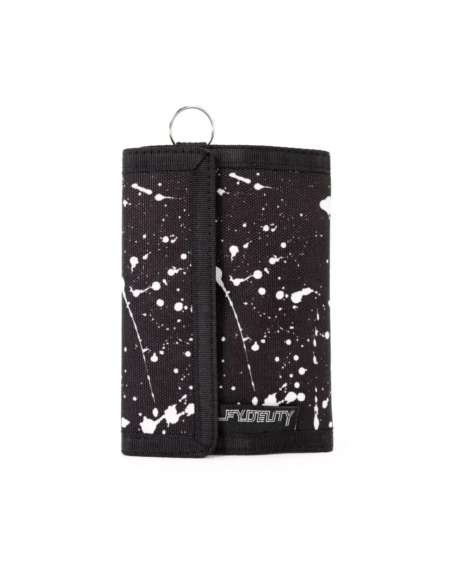Black tri-fold 80s velcro wallet with white paint splatter pattern and silver metal ring at the top