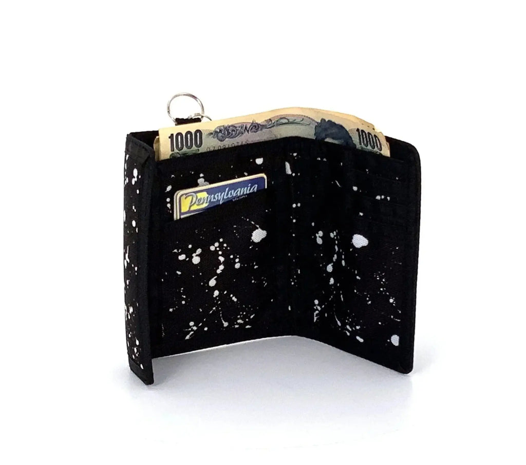 Black 80s velcro wallet with white paint splatter design silver key ring and Pennsylvania branded card slot