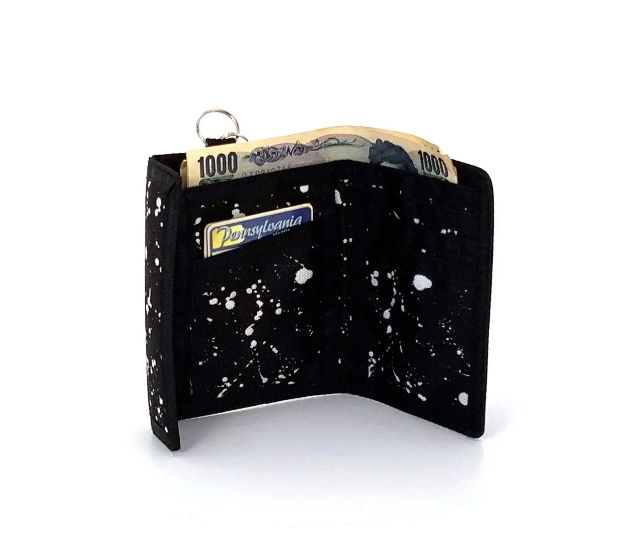 Black 80s velcro wallet with white paint splatter design silver key ring and Pennsylvania branded card slot