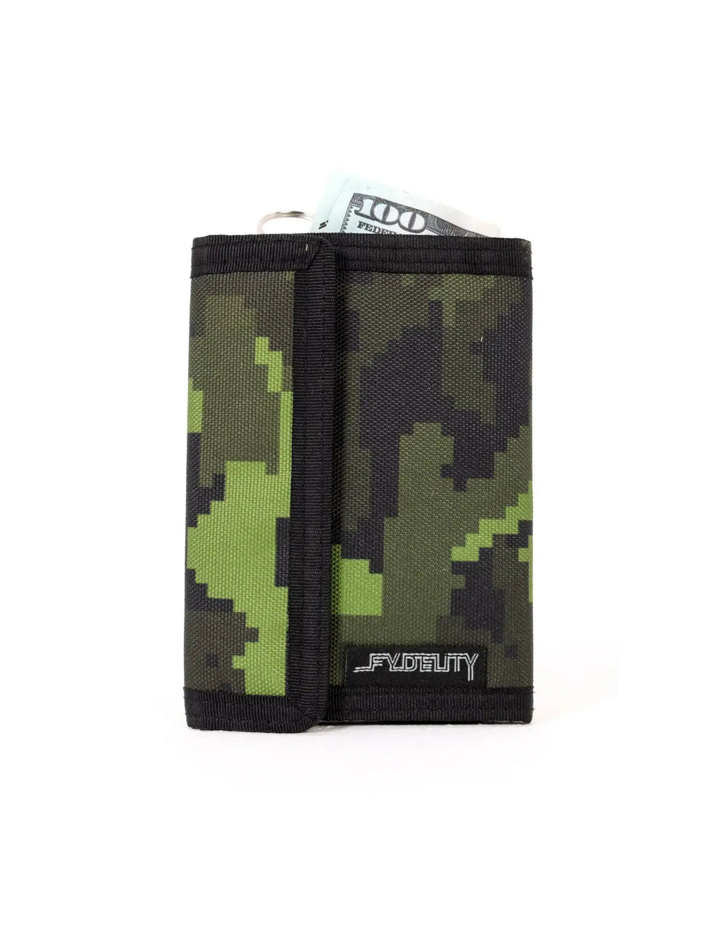 A compact 80s velcro wallet with pixelated green and black camouflage tri-fold design and black fabric trim