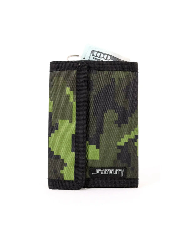 A compact 80s velcro wallet with pixelated green and black camouflage tri-fold design and black fabric trim