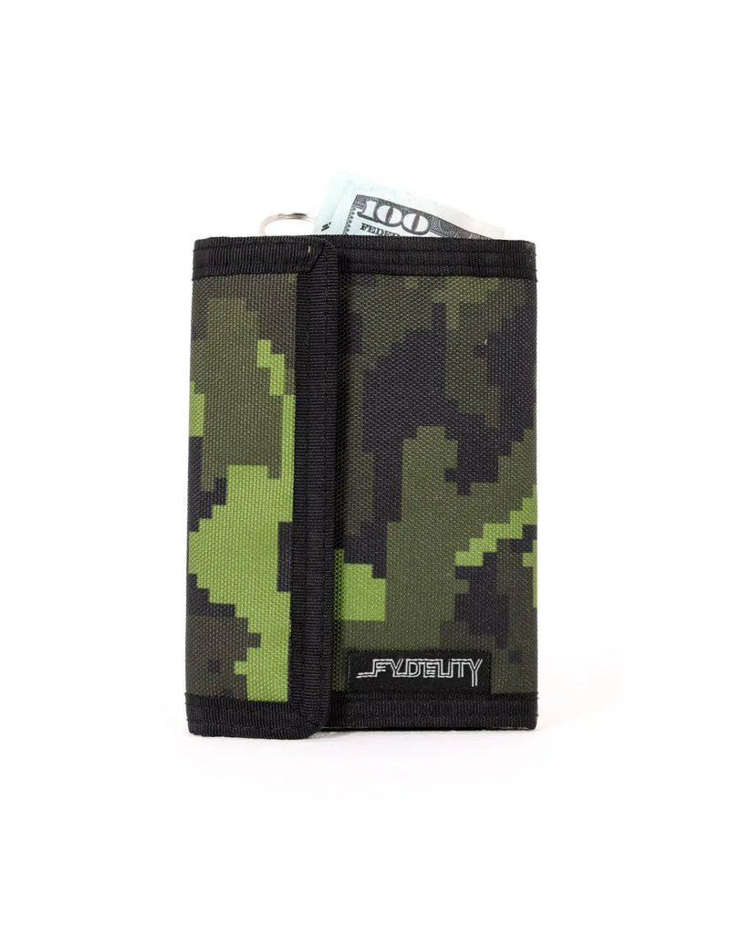 A compact 80s velcro wallet with pixelated green and black camouflage tri-fold design and black fabric trim