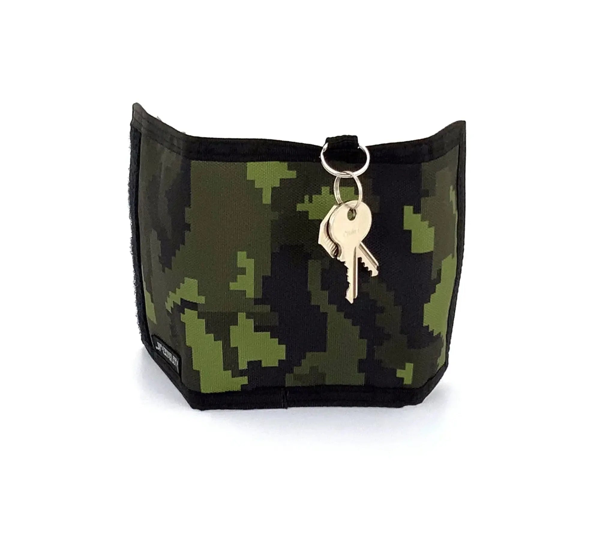 A compact 80s velcro wallet in green and black pixelated camouflage with a key ring attached at the top