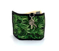 Green cannabis leaf patterned 80s velcro wallet with black trim and attached keychain for secure storage