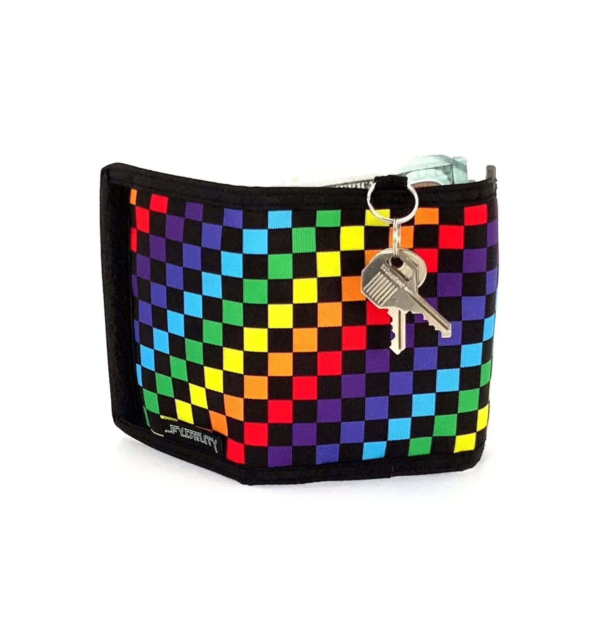 Rainbow checkered 80s velcro wallet with black trim and keychain attached in durable fabric material