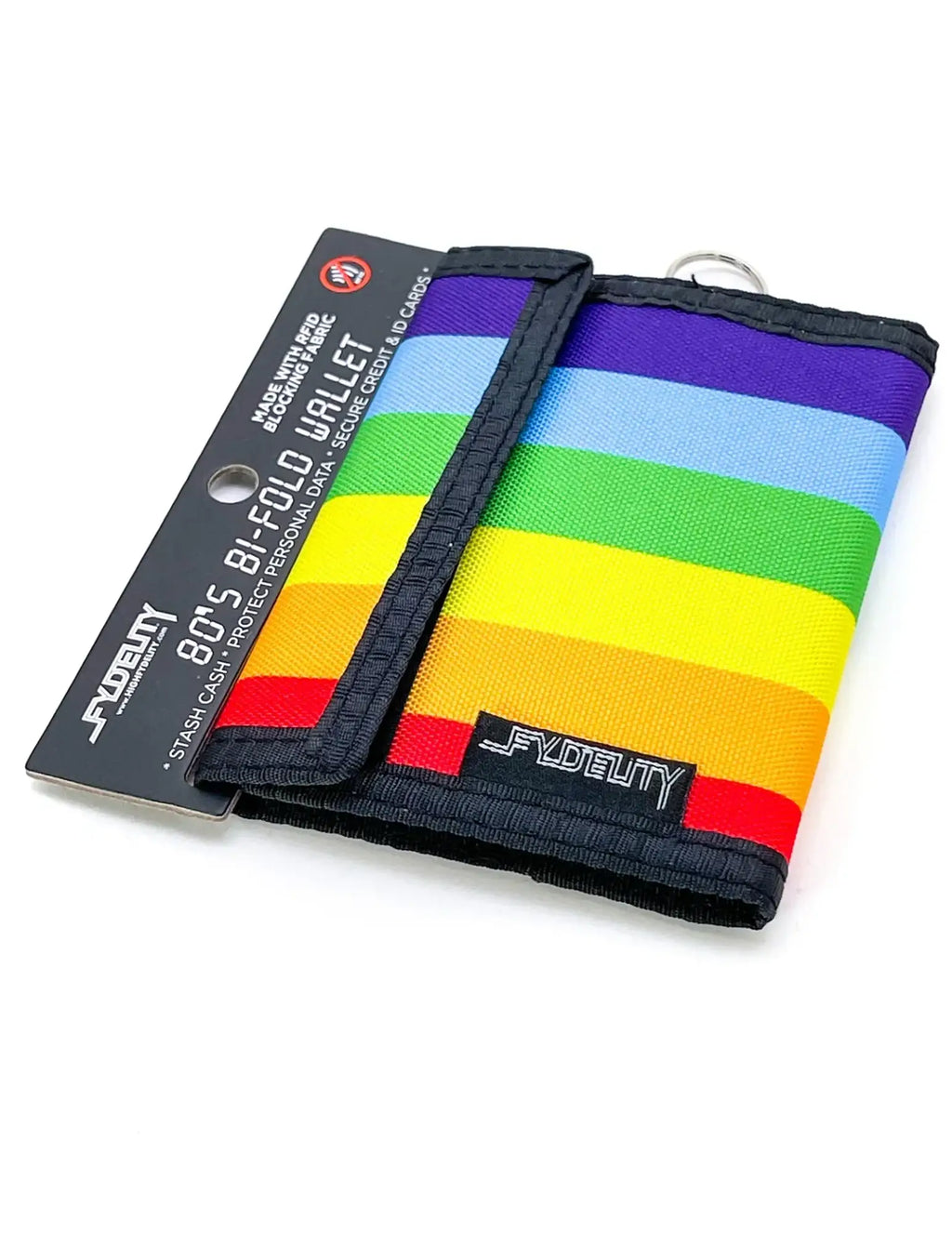 Rainbow-striped bi-fold wallet with black trim and key ring by fydelity from the 80s VECLRO WALLET collection