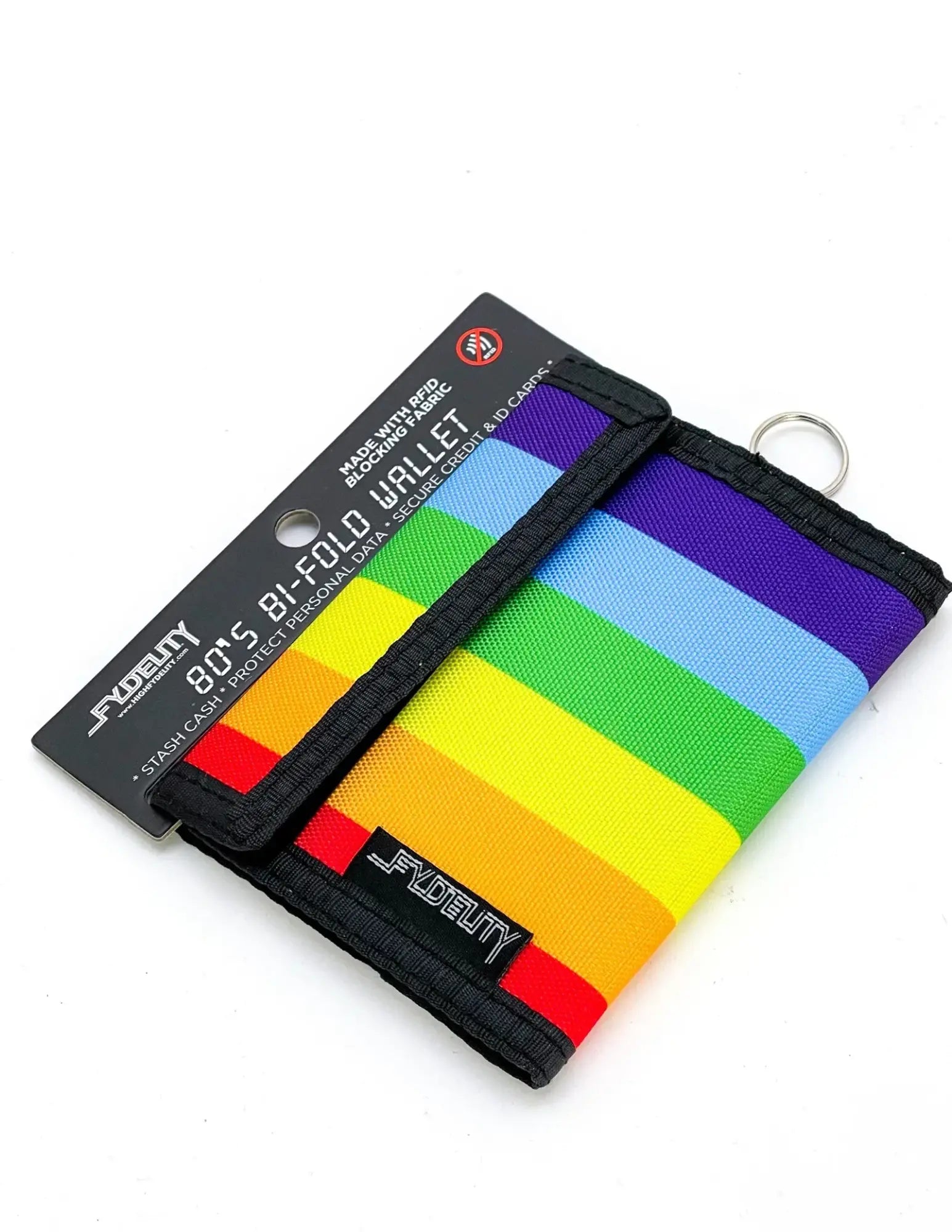 Rainbow-striped 80s velcro bi-fold wallet with black trim and key ring by fydeuty made for secure everyday use