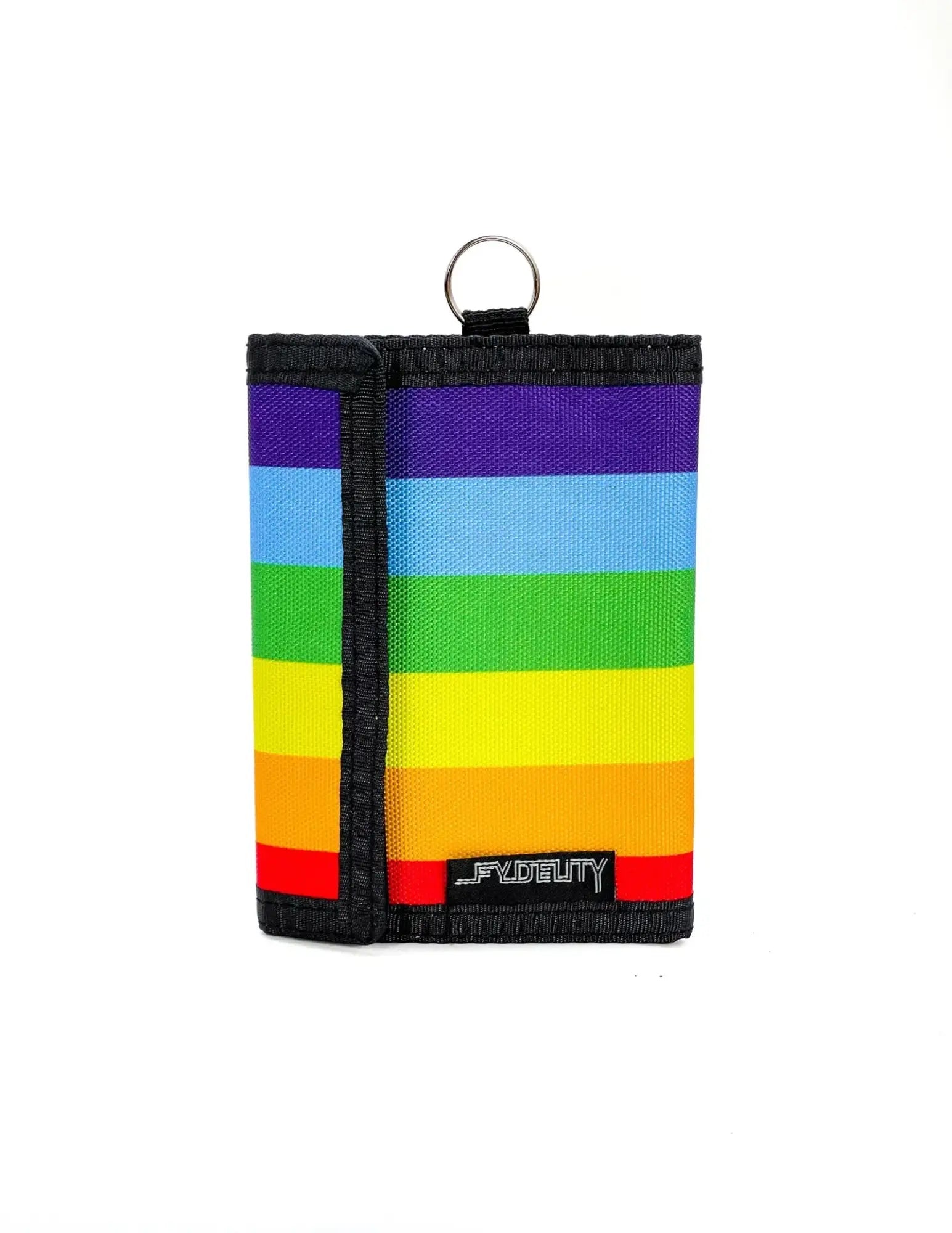 Rainbow-striped tri-fold 80s velcro wallet with black trim and a metal ring for secure everyday use