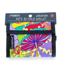 Vibrant 80s velcro bi-fold wallet with psychedelic mushroom and floral rainbow pattern and black fabric trim