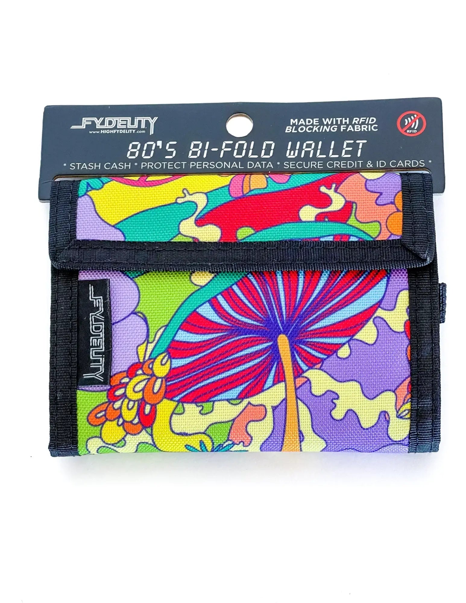 Vibrant 80s velcro bi-fold wallet with psychedelic mushroom and floral rainbow pattern and black fabric trim