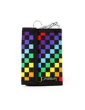A vibrant rainbow-colored checkered 80s velcro wallet with black border and metal ring at the top