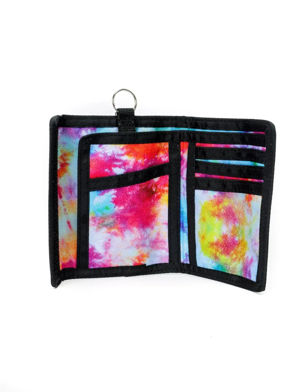 A vibrant tie-dye 80s velcro wallet with black trim and a metal ring at the top for easy attachment