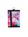 Vibrant tie-dye 80s velcro tri-fold wallet with black trim and metal ring for secure closure and easy carrying