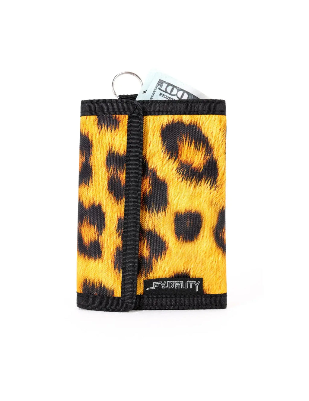 Yellow and black leopard-print tri-fold velcro wallet with key ring attachment from the 80s collection