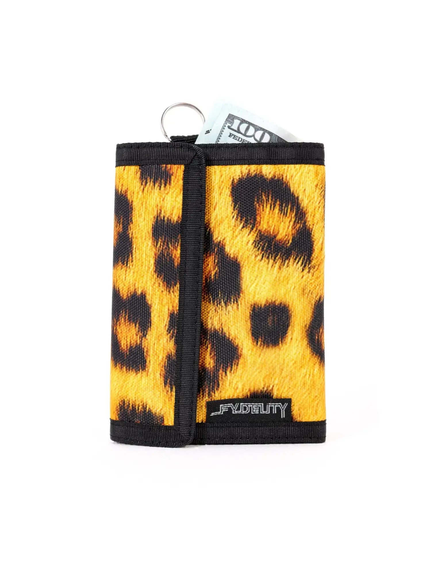 Yellow and black leopard-print tri-fold velcro wallet with key ring attachment from the 80s collection