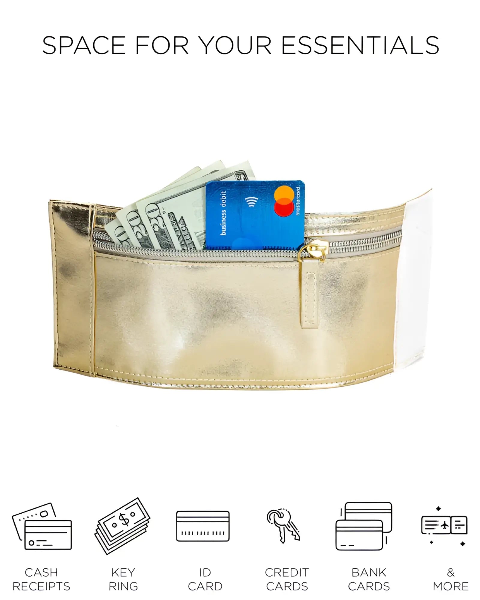 Gold metallic 80s wrist wallet with zipper closure and white fabric trim designed as a belt wallet