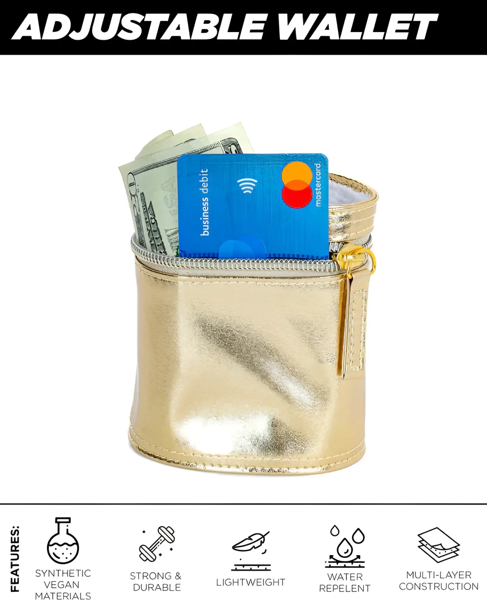 An 80s wrist wallet in shiny gold made of durable synthetic vegan materials with a zipper closure