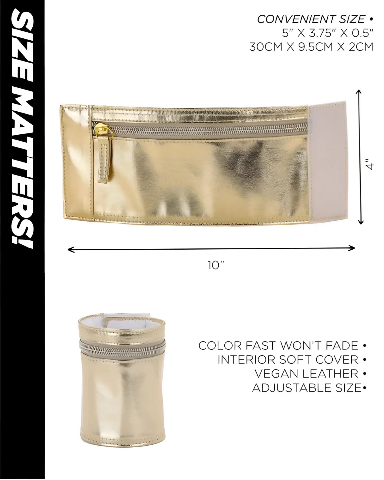 A sleek metallic gold vegan leather 80s wrist wallet pouch with zipper closure and adjustable size