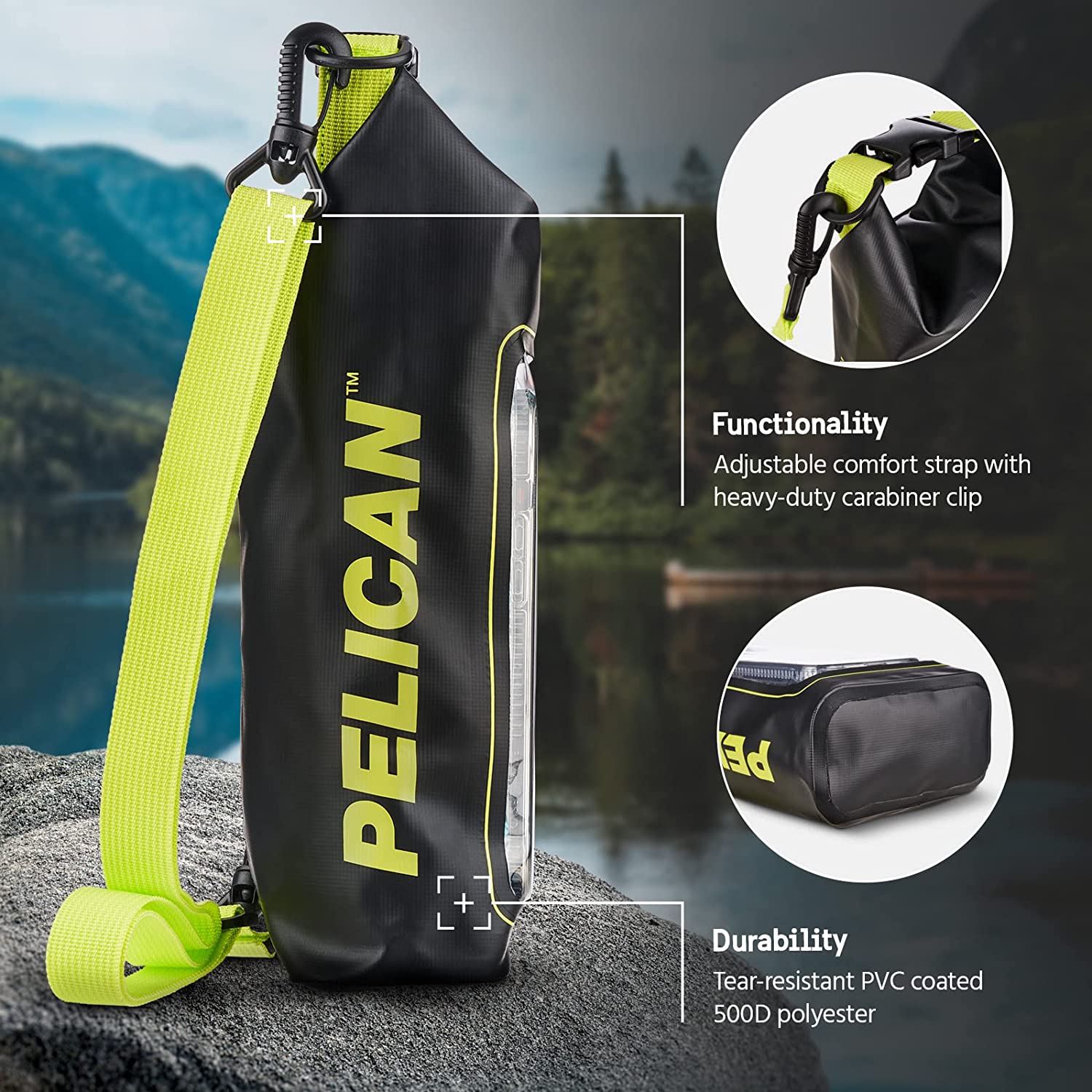 Bolsa seca resistente al agua Pelican Marine (negra/amarilla de alta visibilidad)