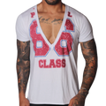 White deep V-neck T-shirt with a distressed red and blue "86 CLASS" graphic print on the front.