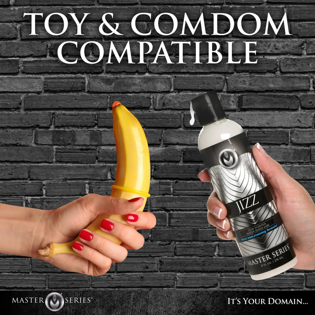 Silver and black patterned jizz master series 8oz cum-scented water-based lubricant bottle with black cap