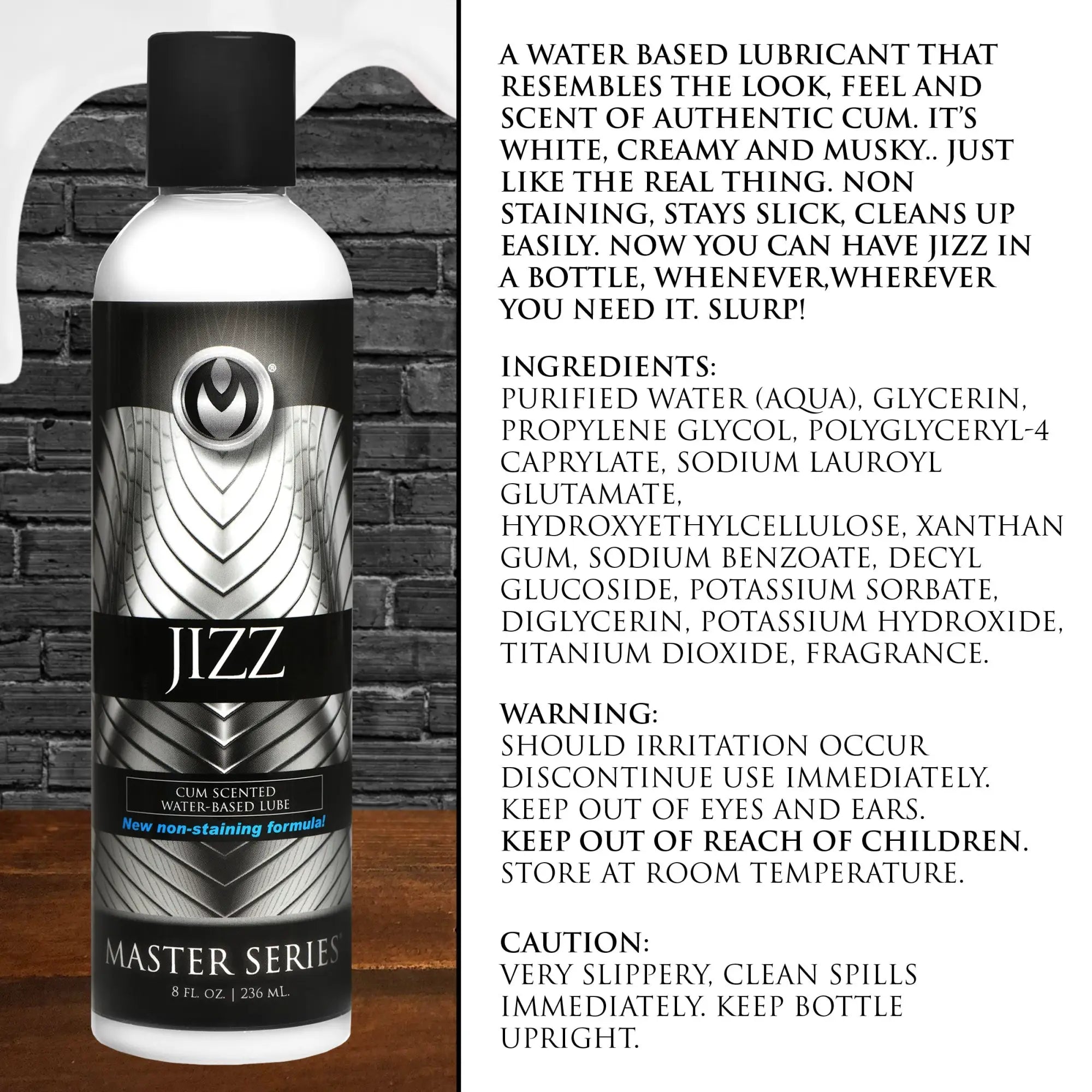A sleek silver and black 8oz jizz master series water-based cum-scented lube bottle with embossed logo on the cap