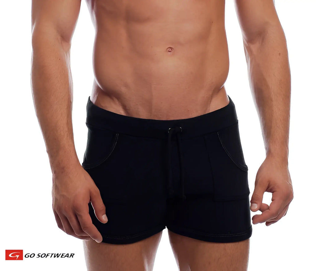 Black 9 inch sport shorts with drawstring waistband side pockets and subtle stitching for athletic use