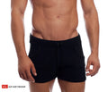 Black 9 inch sport shorts with drawstring waistband side pockets and subtle stitching for athletic use