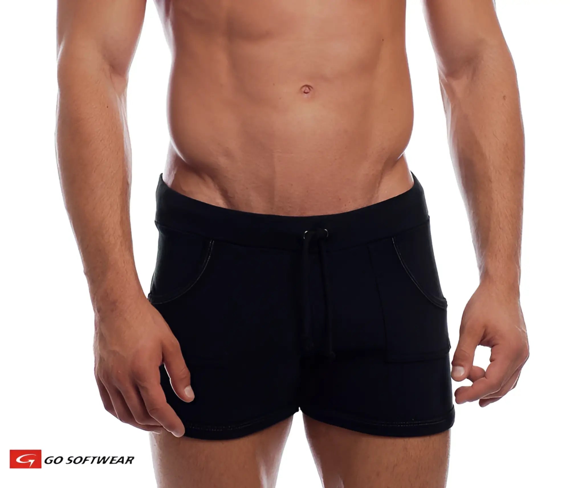 Black 9 inch sport shorts with drawstring waistband side pockets and subtle stitching for athletic use