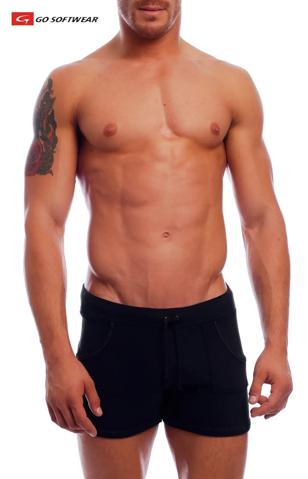 Black 9 inch sport shorts with drawstring waistband and side pockets for athletic use