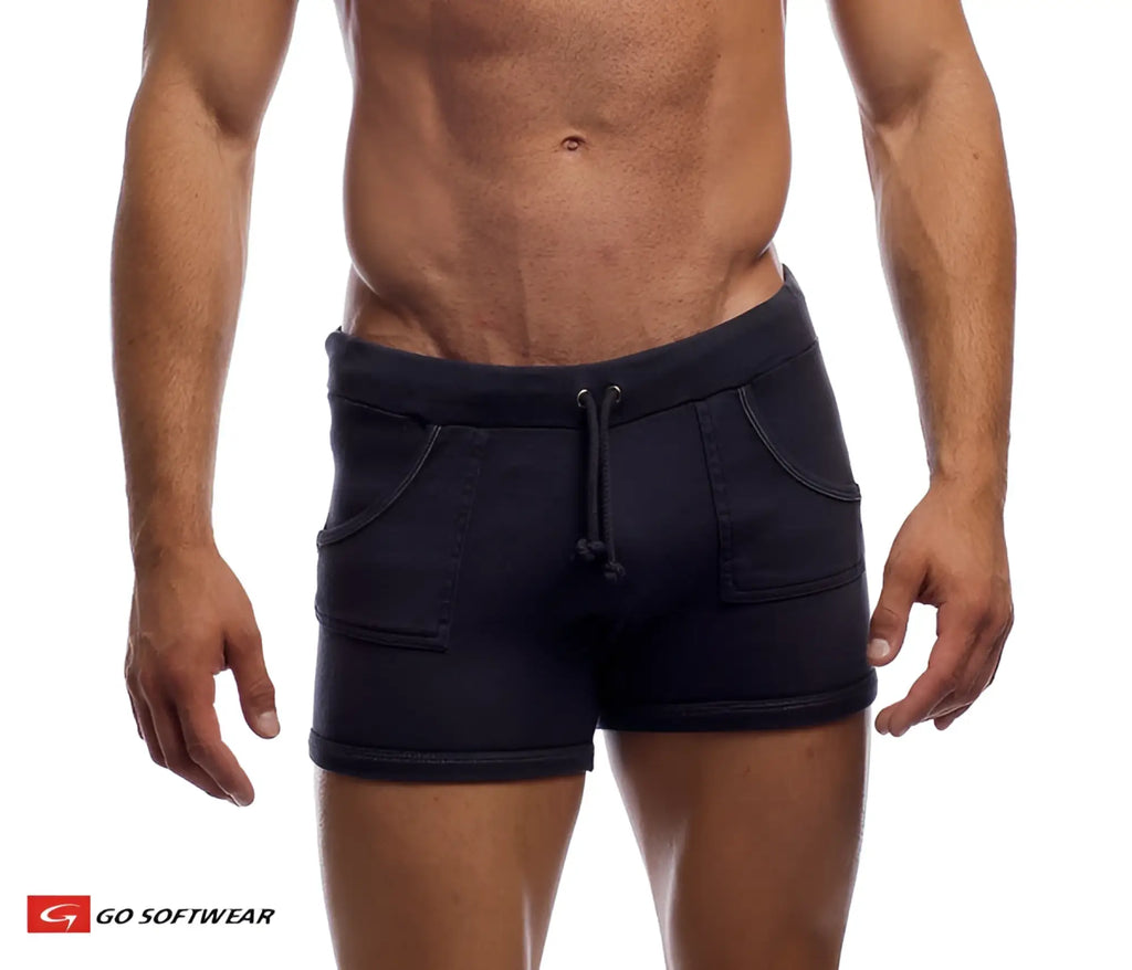 Black denim 9 inch sport shorts with a drawstring waistband and two front pockets for casual wear