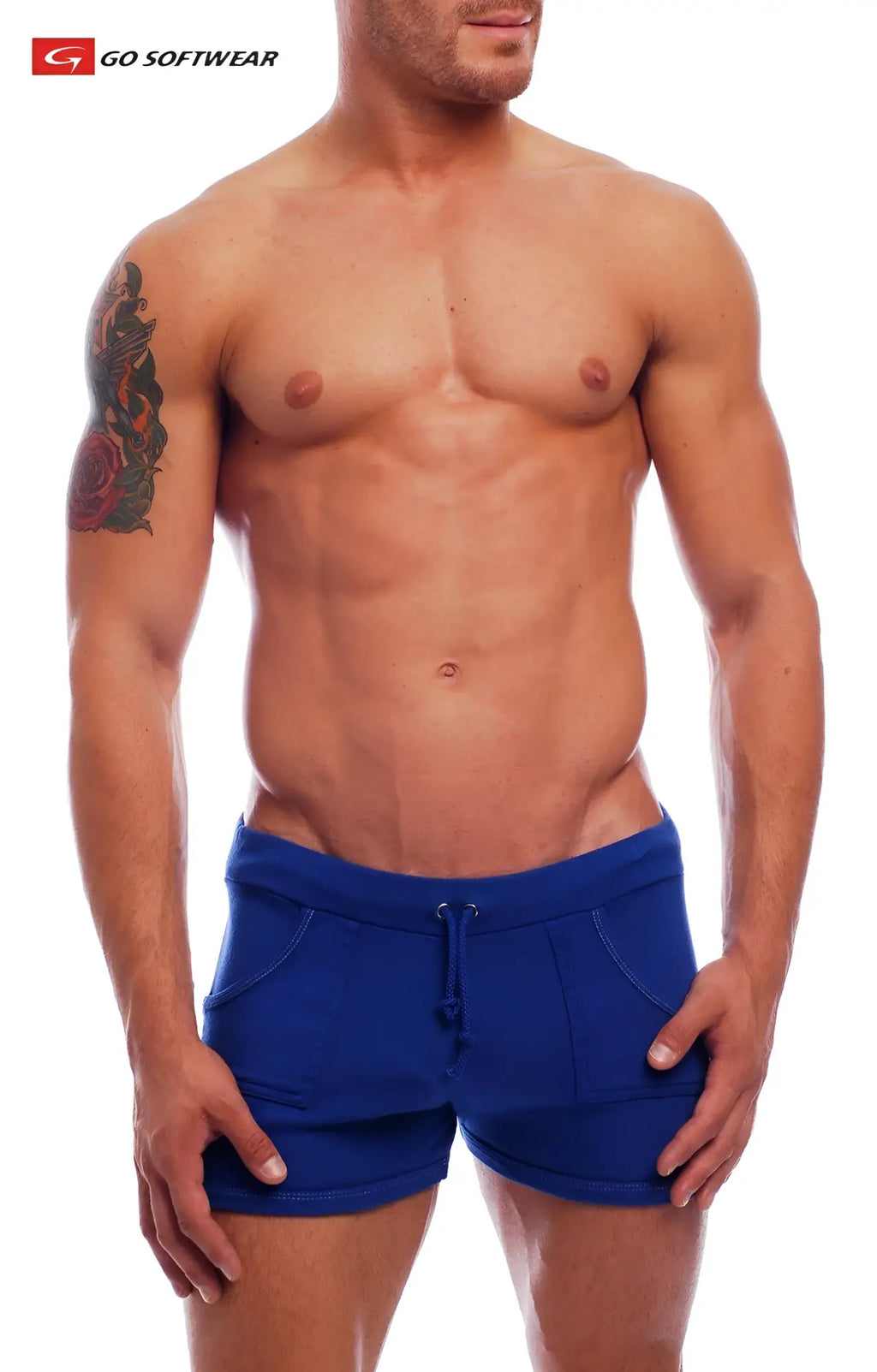 Blue 9 inch sport shorts with drawstring waistband and side pockets for athletic use