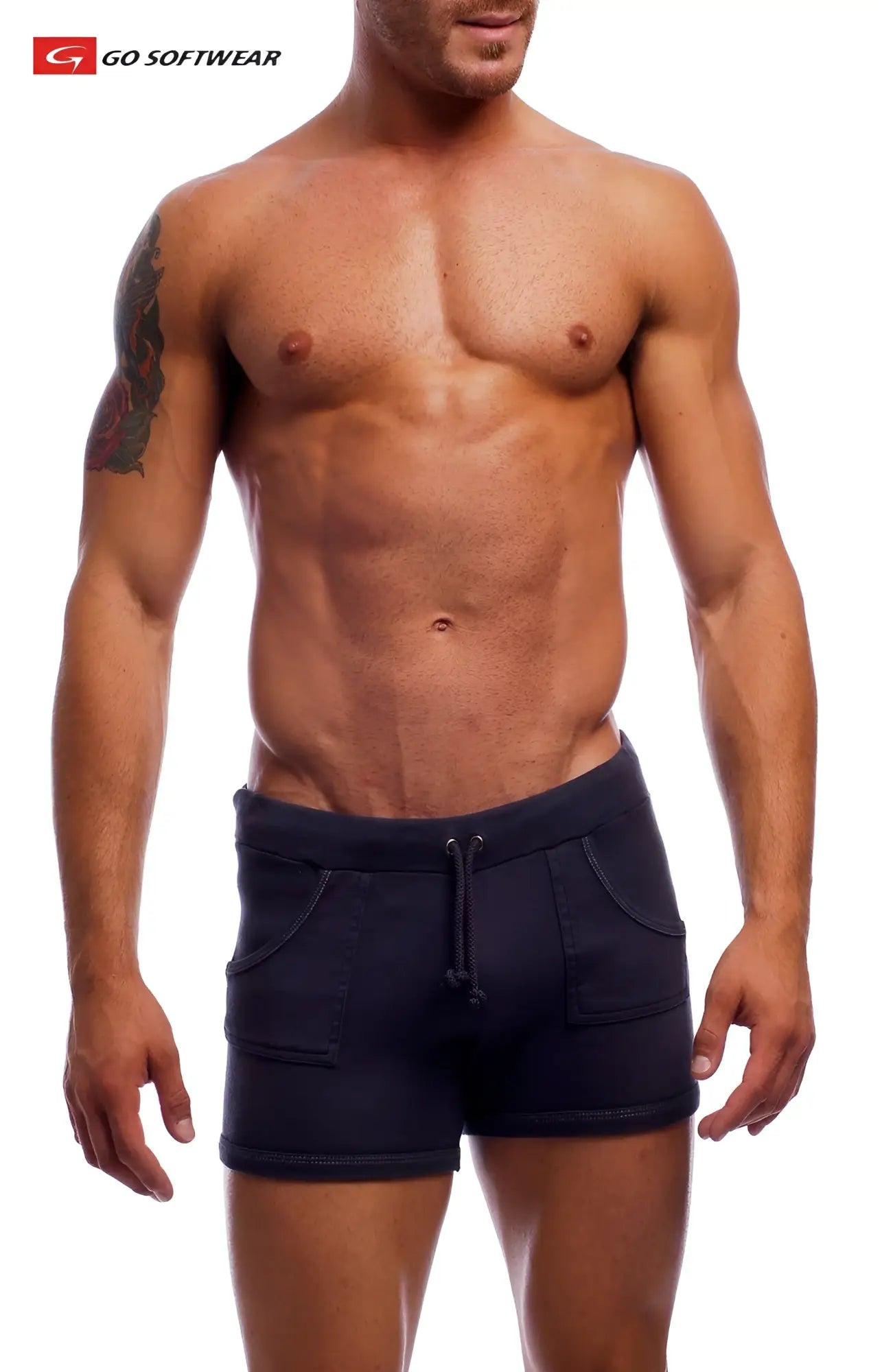 Dark blue denim 9 inch sport shorts with a drawstring waistband and two front pockets for casual wear