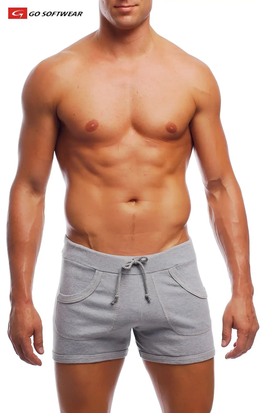 Gray 9 inch sport shorts with drawstring waistband side pockets and go softwear logo for athletic use