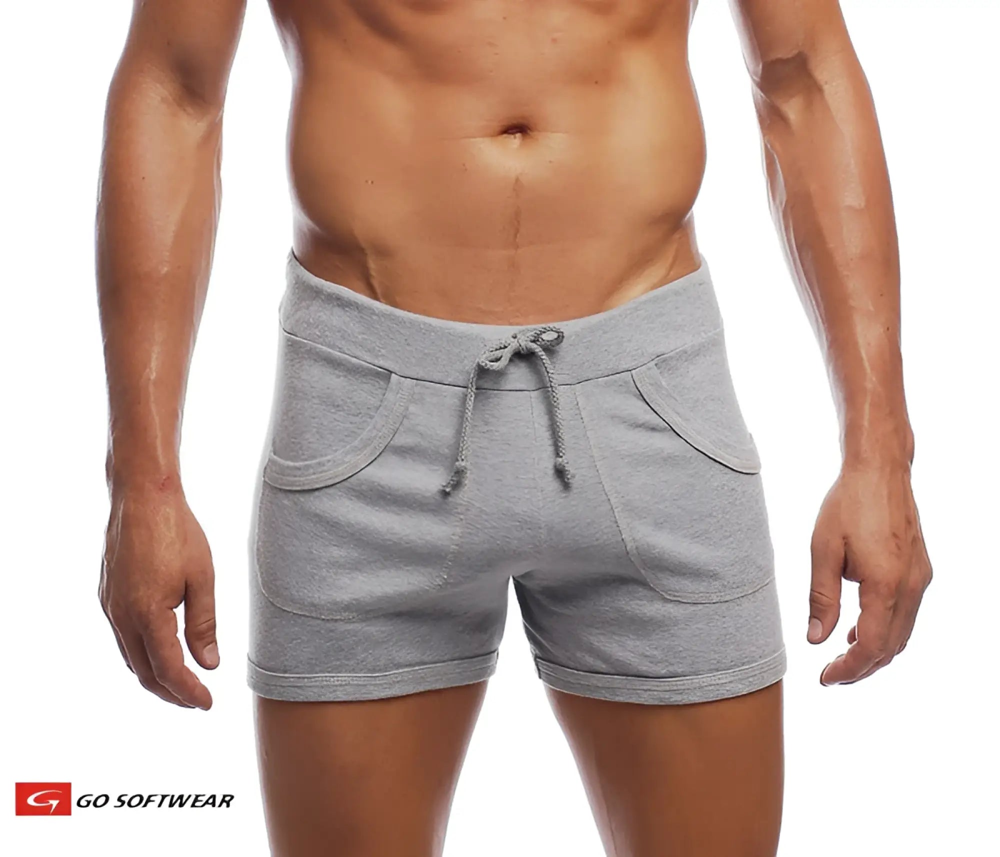 Gray heathered 9 inch sport shorts with drawstring waistband and side pockets made from soft breathable fabric