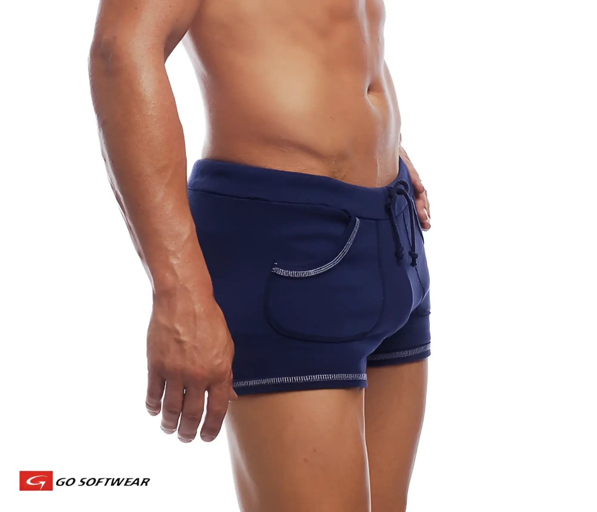 Navy blue 9 inch sport shorts with drawstring waistband and front pocket featuring white contrast stitching