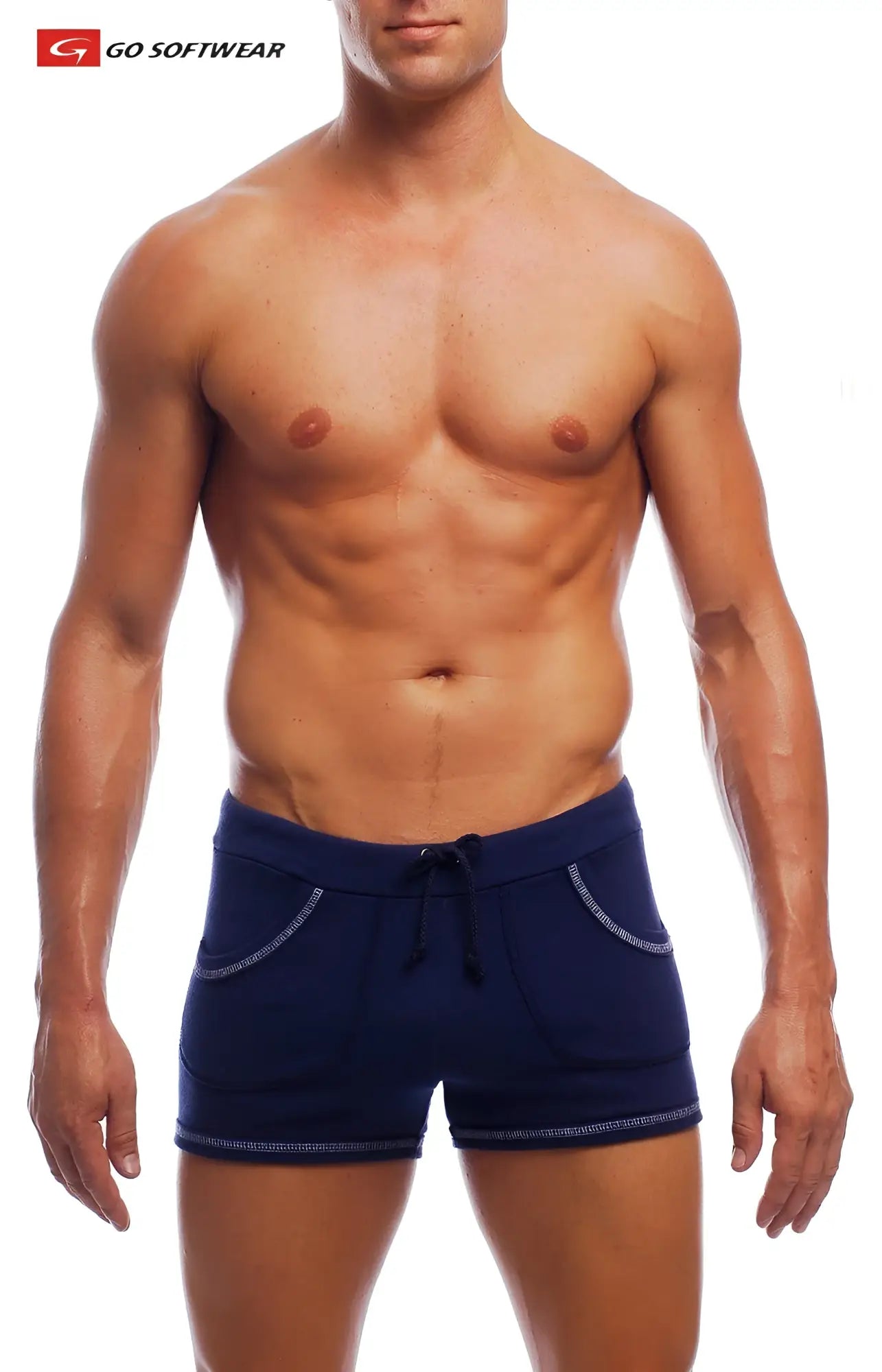 Navy blue 9 inch sport shorts with white contrast stitching and drawstring waistband featuring pockets