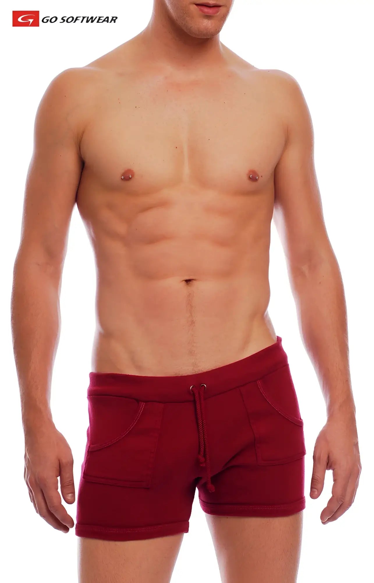 Red 9 inch sport shorts with drawstring waistband and side pockets made of soft fabric for athletic use