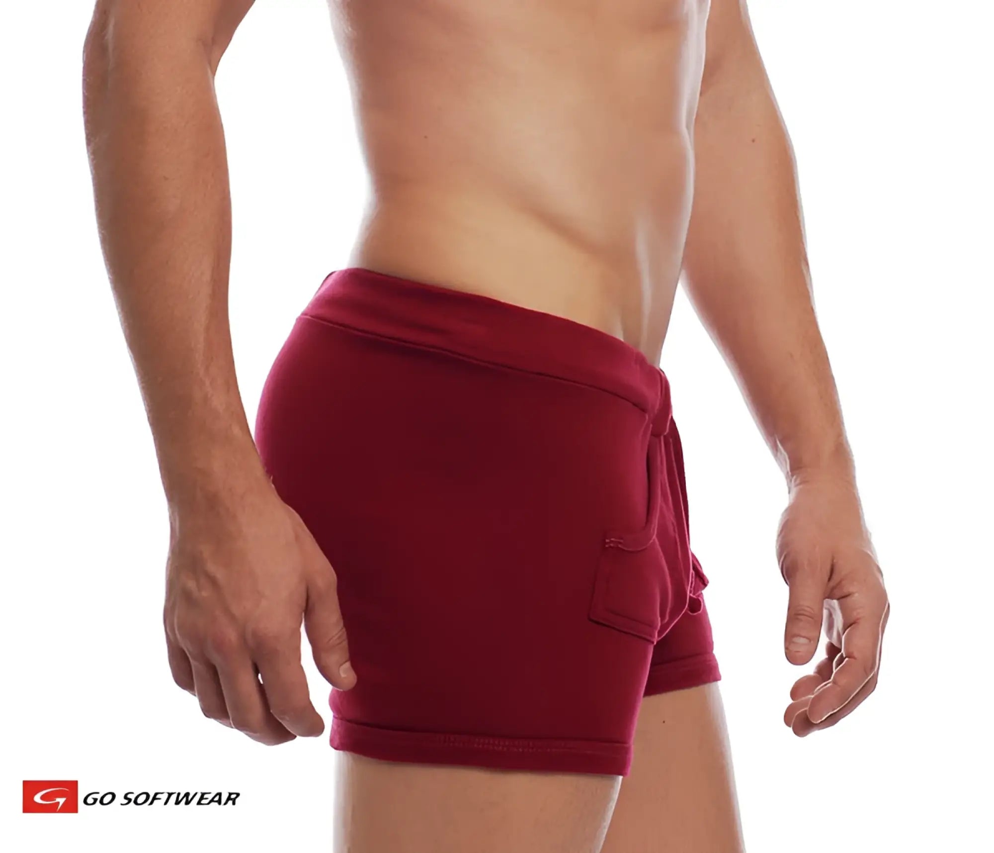 Red cotton 9 inch sport shorts with drawstring waist and side pocket for athletic use