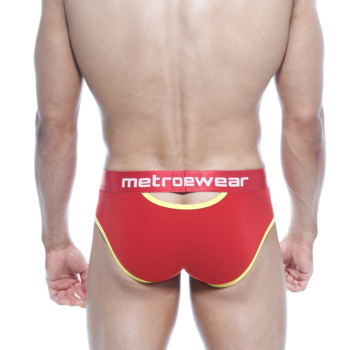 Red metrowear cotton open briefs with yellow trim and white logo on waistband model 9003-40 front view
