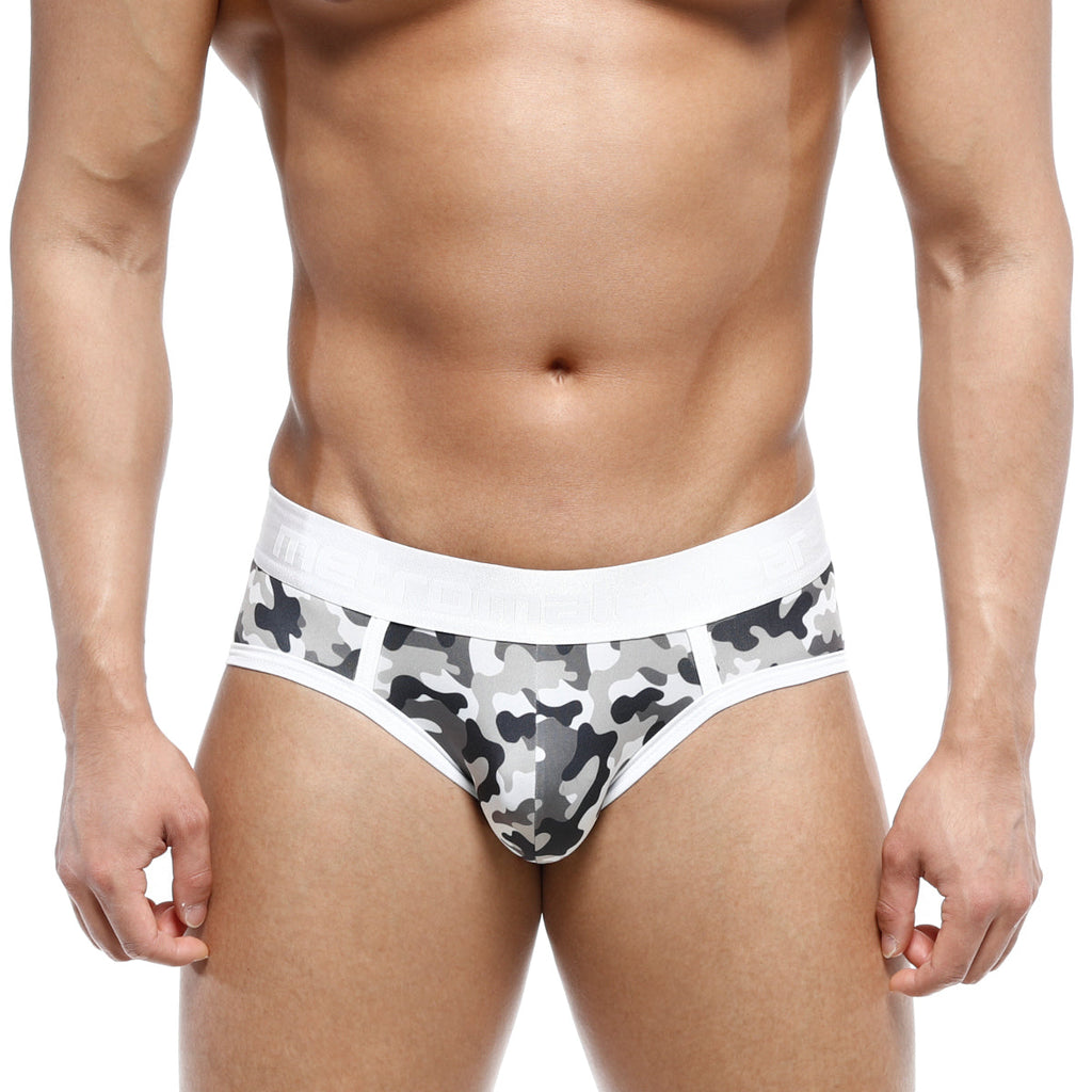 MetroMaleWear 365 hip brief camo 9005-90 in gray and black camouflage with white elastic waistband for daily wear